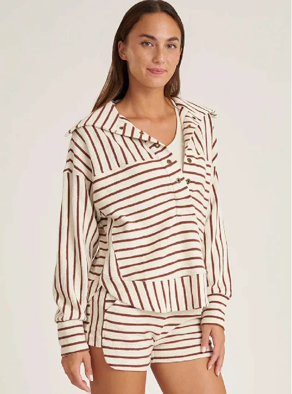 Women's panties for pregnancy comfort with extra stretch-Thrive Société Women's Cloud Oversized Collar Pullover Shirt - Nutshell Stripe Brown