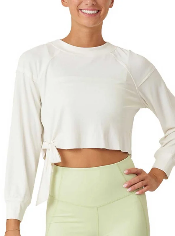 Women's panties with luxurious satin material-Thrive Société Women's Cropped Tie Long Sleeve Pullover - White
