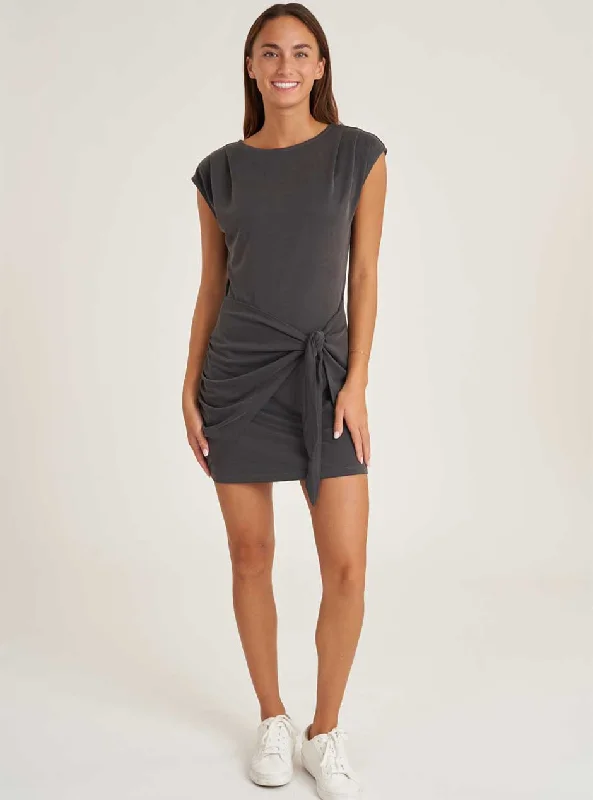 Women's panties for large waists with tummy control-Thrive Société Women's Pleated Shoulder Tie Mini Dress - Charcoal Grey