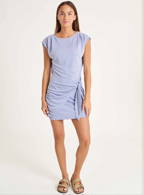 Women's panties with microfiber finish for comfort-Thrive Société Women's Pleated Shoulder Tie Mini Dress - Wild Indigo Blue