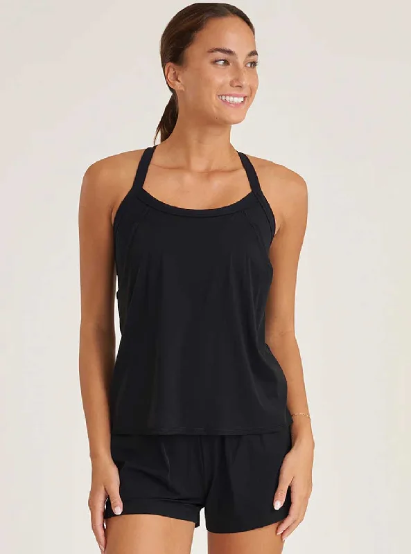 Women's lace panties for a romantic look-Thrive Société Women's Strappy Double Layer Performance Bra Tank Top - Black