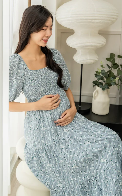 Maternity bras that are compatible with breastfeeding pillows and accessories-Ada Floral Nursing Dress in Blue Maternity bras that are compatible with breastfeeding pillows and accessories-Ada Floral Nursing Dress in Blue
