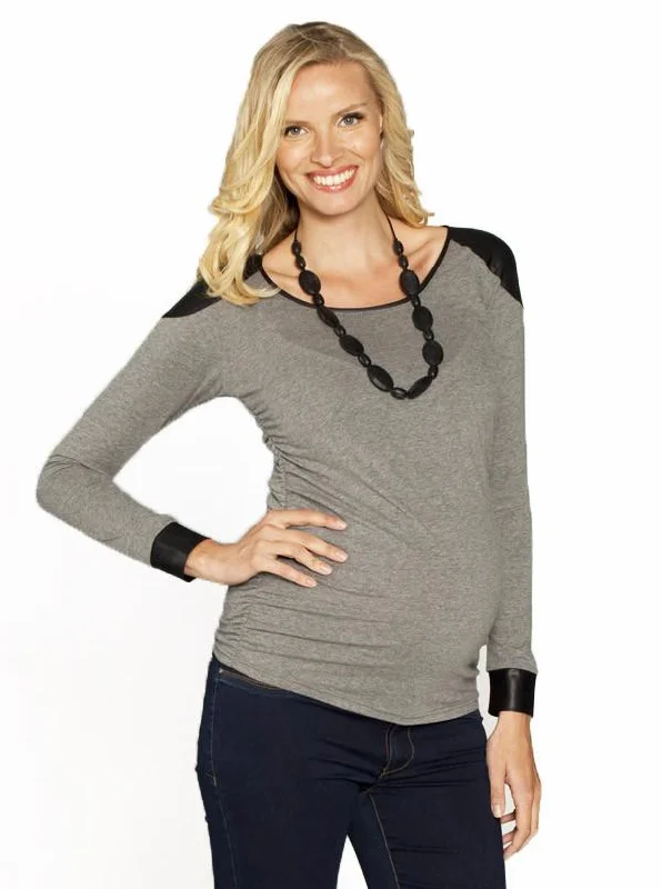 Maternity bras suitable for women with larger busts and extra support during breastfeeding-Maternity Long Sleeve Tee with faux leather shoulder patch