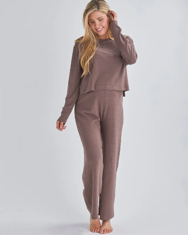 Nursing bras with a focus on ease of use for mothers with twins or multiples and tandem breastfeeding during postpartum-Anna 2-piece Maternity Winter Lounge Wear Set in Mocha
