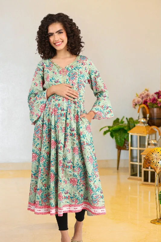Maternity bras for women with larger busts and extra support-Apple Green Floral Maternity & Nursing Kurta (100% Cotton)
