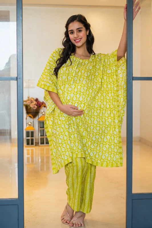 Maternity bras that double as nursing bras-Beautiful Lime Green Maternity & Nursing Kaftan Coord Set (100% Cotton) (2 pc)