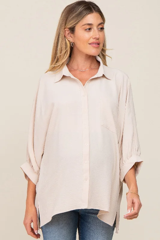 Maternity bras that are compatible with breastfeeding accessories and pillows-Beige Button Down 3/4 Sleeve Maternity Top