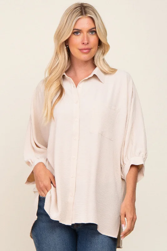 Maternity and nursing bras for comfort-Beige Button Down 3/4 Sleeve Top