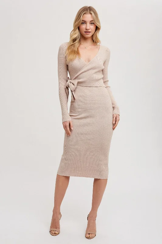 Nursing bras with a focus on style and fashion for formal events and special occasions during breastfeeding-Beige Long Sleeve Fitted Dress