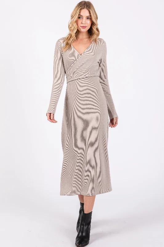 Nursing bras with a focus on flexibility and adjustability during postpartum changes-Beige Ribbed Long Sleeve Wrap Nursing Dress Nursing bras with a focus on flexibility and adjustability during postpartum changes-Beige Ribbed Long Sleeve Wrap Nursing Dress