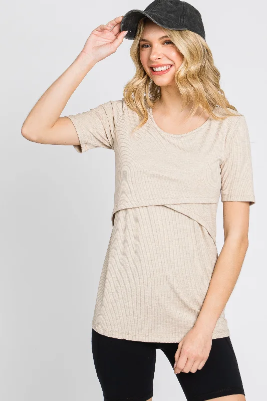Maternity bras suitable for women with sensitive skin and allergies during postpartum recovery and breastfeeding-Beige Ribbed Wrap Front Nursing Top Maternity bras suitable for women with sensitive skin and allergies during postpartum recovery and breastfeeding-Beige Ribbed Wrap Front Nursing Top