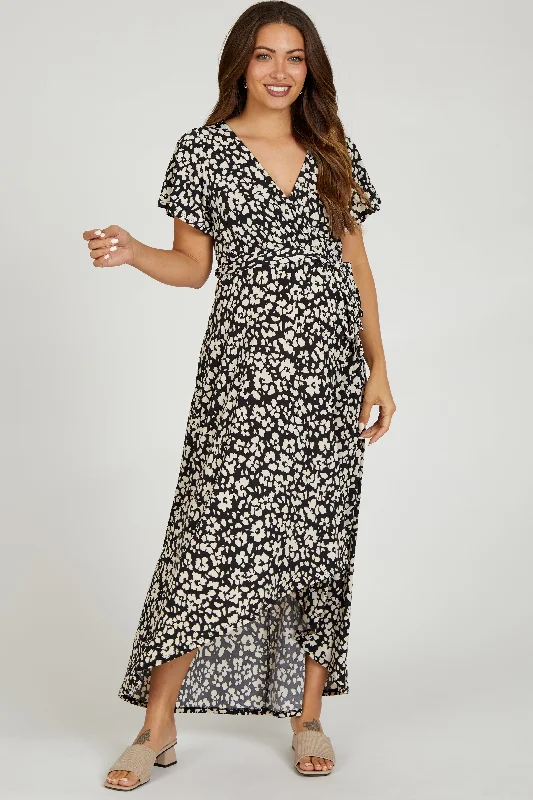 Maternity bras suitable for women with different cup sizes and support during breastfeeding-Black Animal Print Wrap Front V-Neck Hi-Low Maternity Midi Dress Maternity bras suitable for women with different cup sizes and support during breastfeeding-Black Animal Print Wrap Front V-Neck Hi-Low Maternity Midi Dress