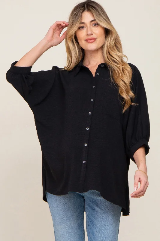 Maternity bras for plus size women with extra support-Black Button Down 3/4 Sleeve Maternity Top