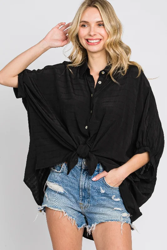 Nursing bras with a focus on comfort during outdoor activities and hiking-Black Button Down 3/4 Sleeve Top