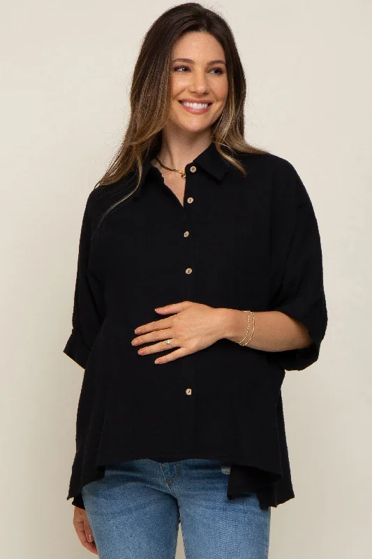 Maternity bras suitable for all stages of pregnancy-Black Button Down Collared Maternity Top