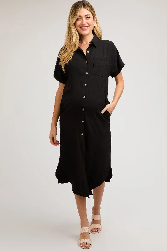 Nursing bras with a focus on flexibility and adjustability during postpartum changes and weight loss during breastfeeding-Black Button Down Front Pocket Maternity Midi Dress Nursing bras with a focus on flexibility and adjustability during postpartum changes and weight loss during breastfeeding-Black Button Down Front Pocket Maternity Midi Dress