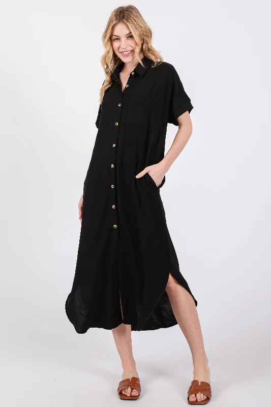 Maternity bras that are compatible with breast pumps and nursing pads during breastfeeding-Black Button Down Front Pocket Midi Dress