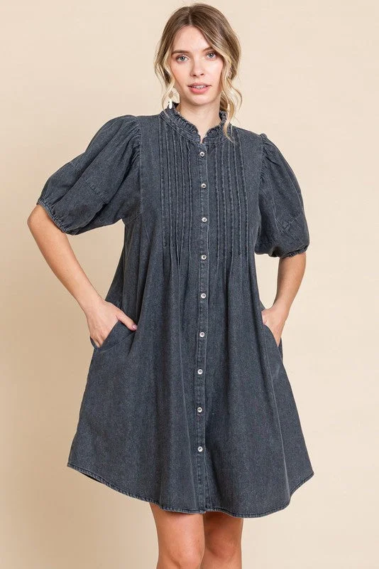 Nursing bras suitable for both pregnancy and postpartum-Black Button Down Puff Sleeve Dress