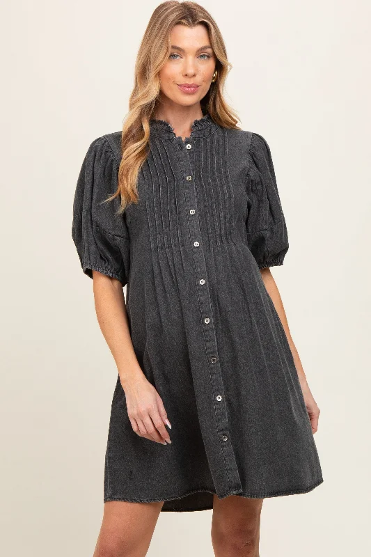 Maternity bras that are designed for women with smaller breasts and lift during postpartum recovery-Black Button Down Puff Sleeve Maternity Dress