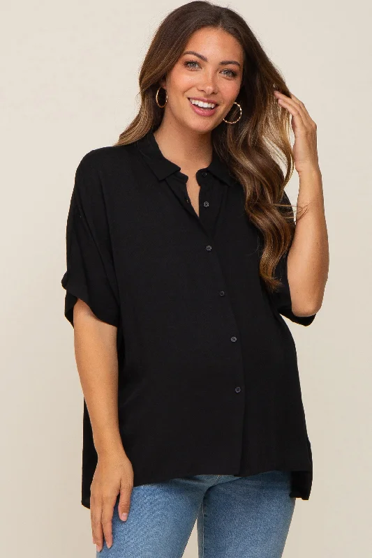 Nursing bras with a focus on comfort during long walks and strolls-Black Button Up Dolman Short Sleeve Maternity Top