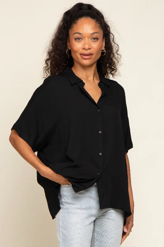 Maternity bras designed for women with sensitive breasts during postpartum recovery-Black Button Up Dolman Short Sleeve Top