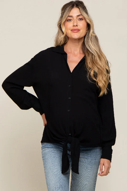 Maternity bras that are designed for extended breastfeeding periods and support during postpartum recovery and breastfeeding-Black Collared Button Down Knotted Maternity Shirt Maternity bras that are designed for extended breastfeeding periods and support during postpartum recovery and breastfeeding-Black Collared Button Down Knotted Maternity Shirt