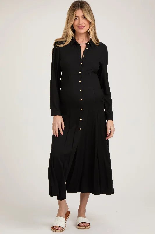 Nursing bras designed for women with smaller busts and support-Black Collared Button Down Long Sleeve Maternity Maxi Dress