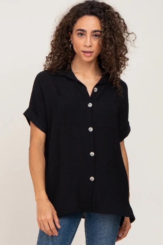 Nursing bras with easy access for feeding-Black Collared Button-Down Short Sleeve Blouse