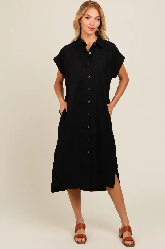 Maternity bras that are designed for extended breastfeeding periods and support during postpartum recovery and breastfeeding-Black Corduroy Button Down Midi Dress