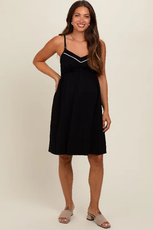 Nursing bras with a focus on comfort during long drives and road trips with a baby during breastfeeding-Black Drop Front Maternity Nursing Dress