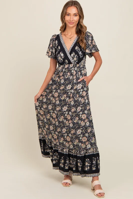 Maternity bras with a focus on affordability and budget-friendliness-Black Floral Border Printed Woven Short Sleeve V-Neck Maxi Dress