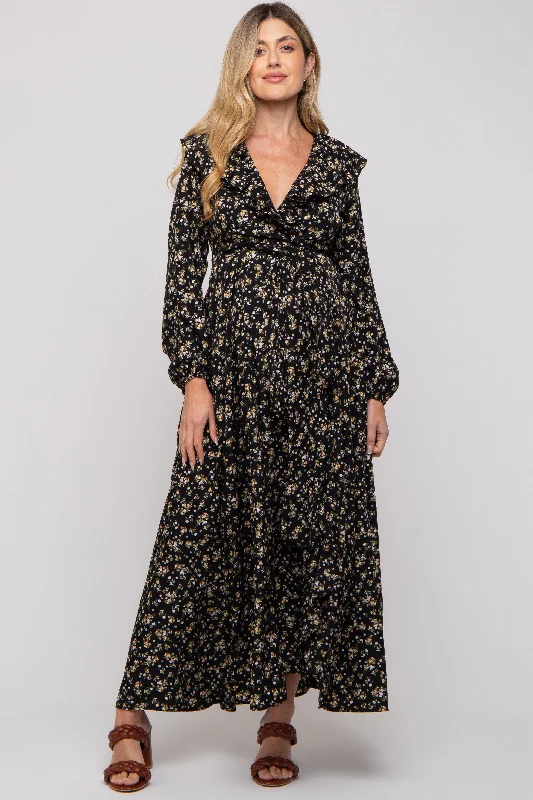 Nursing bras with a focus on comfort during long drives and road trips-Black Floral Ruffle V-Neck Wrap Front Maternity Maxi Dress Nursing bras with a focus on comfort during long drives and road trips-Black Floral Ruffle V-Neck Wrap Front Maternity Maxi Dress
