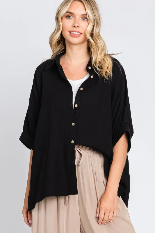 Nursing bras with a focus on style and fashion for casual outings and everyday wear-Black Gauze Double Layered Button Up Top