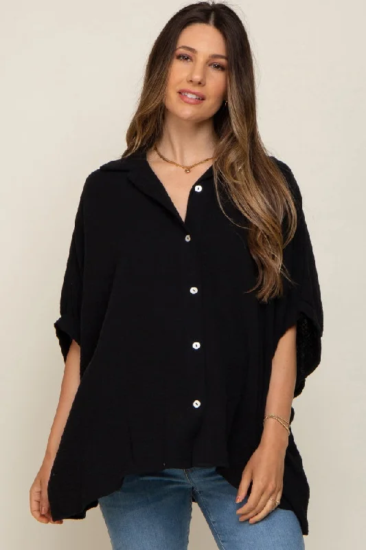 Maternity bras with a soft, breathable fabric for comfort-Black Gauze Double Layered Maternity Button Up Top