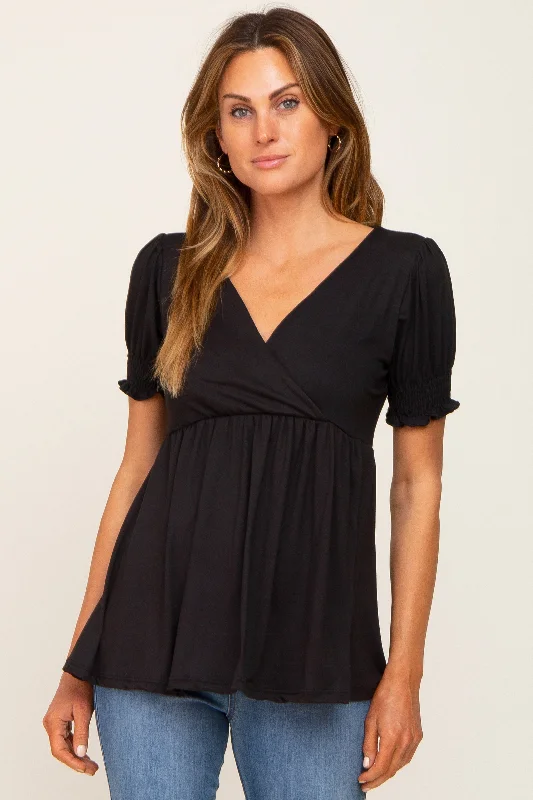 Nursing bras with a focus on ease of use for mothers with newborns and sleep deprivation during breastfeeding-Black Puff Sleeve Crossover Nursing Top Nursing bras with a focus on ease of use for mothers with newborns and sleep deprivation during breastfeeding-Black Puff Sleeve Crossover Nursing Top