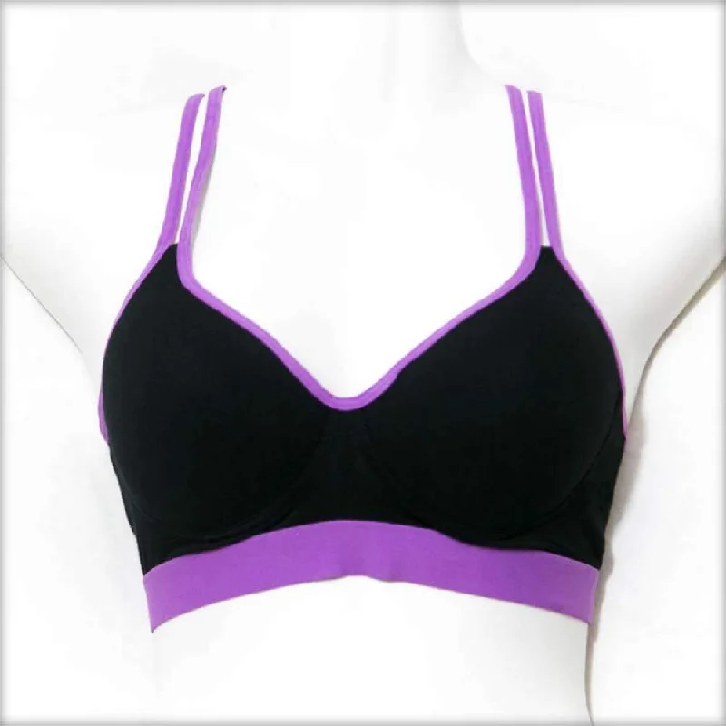 Soft cup bras for women who want a comfortable fit for mindful living-Black & Purple Sports Bra Soft cup bras for women who want a comfortable fit for mindful living-Black & Purple Sports Bra