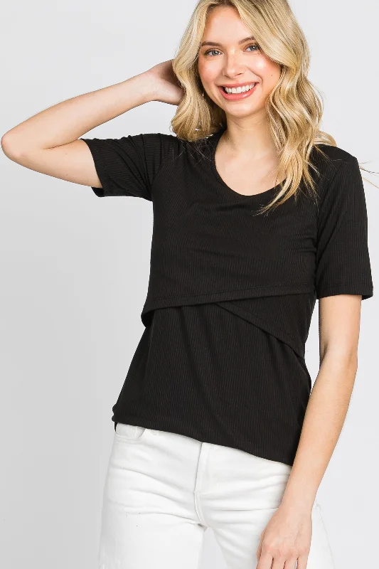 Nursing bras with a focus on comfort during long walks and strolls with a stroller during breastfeeding-Black Ribbed Wrap Front Nursing Top Nursing bras with a focus on comfort during long walks and strolls with a stroller during breastfeeding-Black Ribbed Wrap Front Nursing Top