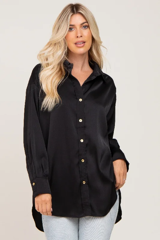 Nursing bras with a focus on support and stability during exercise and workouts during breastfeeding-Black Satin Button Up Blouse