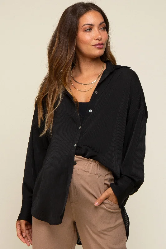 Nursing bras with a focus on comfort during long walks and strolls with a stroller during breastfeeding-Black Striped Silky Maternity Button Down Blouse