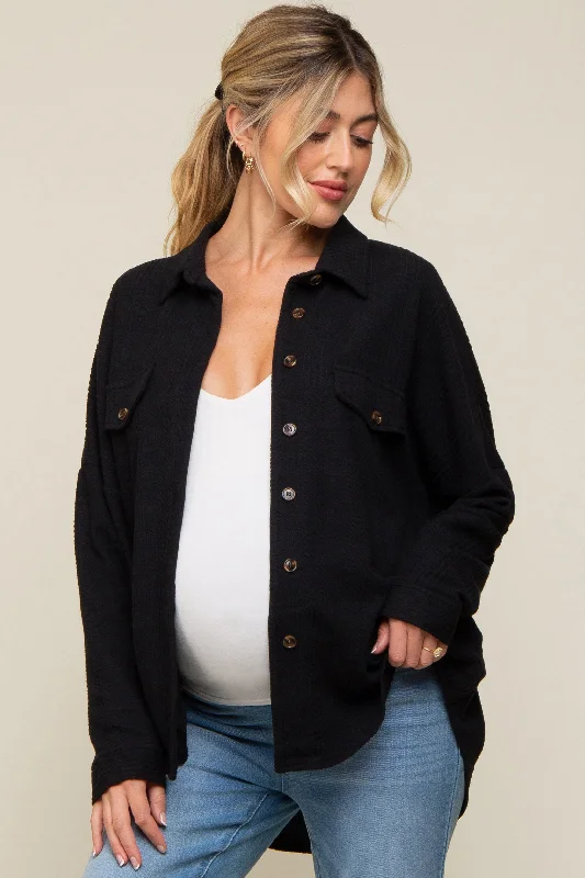 Maternity bras that are both stylish and functional-Black Textured Button Front Collared Maternity Top