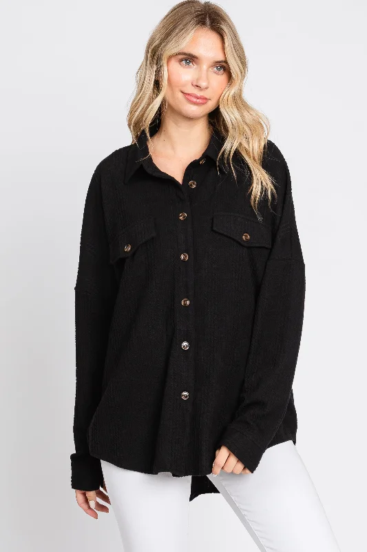 Nursing bras with a focus on flexibility and adjustability during postpartum changes and weight loss during breastfeeding-Black Textured Button Front Collared Top