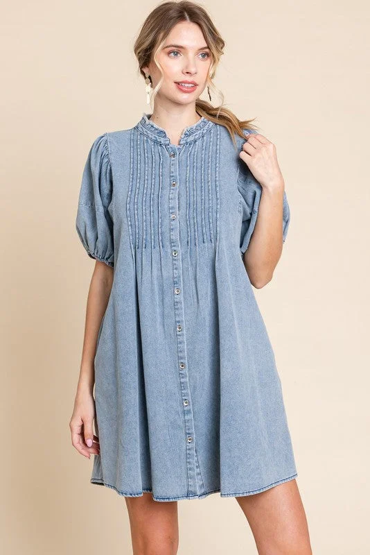 Maternity bras suitable for women with back pain and support-Blue Button Down Puff Sleeve Dress