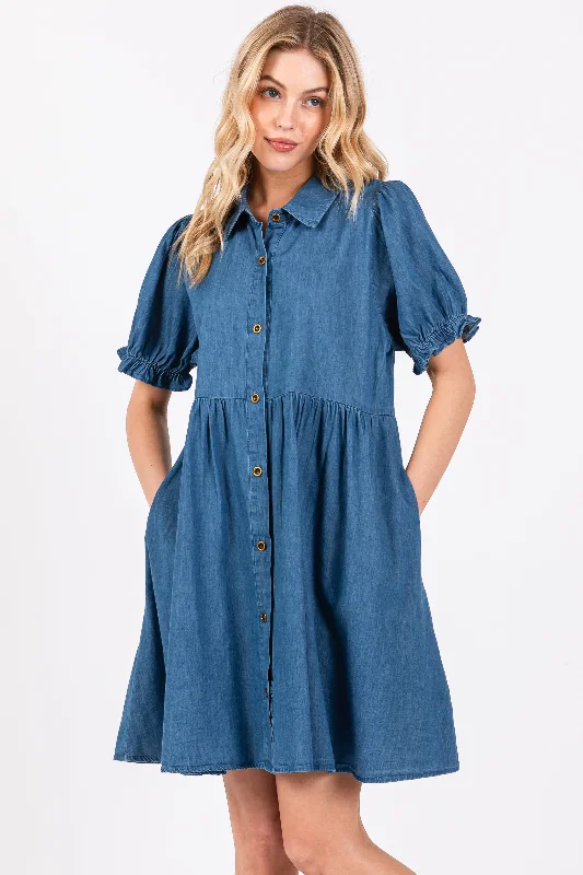 Maternity bras suitable for women with different cup sizes and support-Blue Chambray Puff Sleeve Button Down Dress