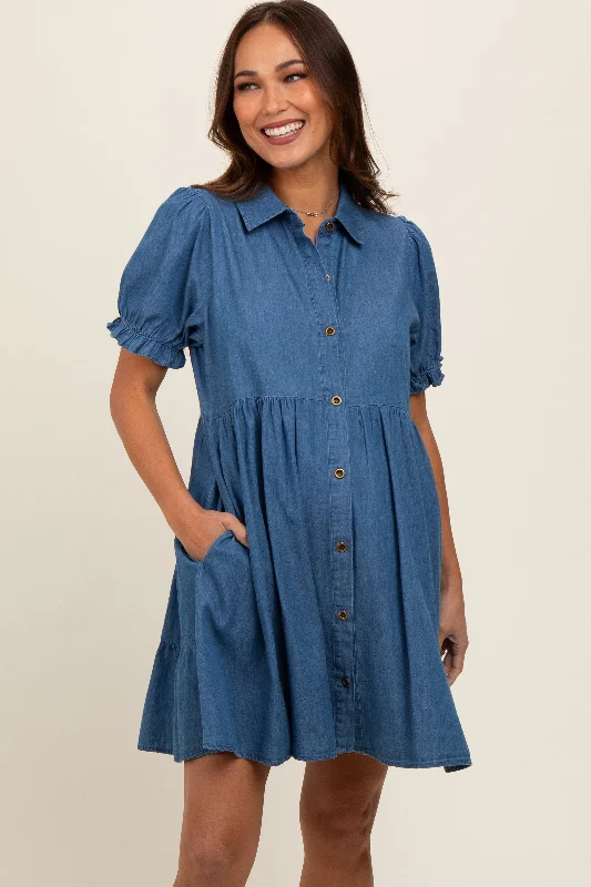 Maternity bras with a seamless design for discretion-Blue Chambray Puff Sleeve Button Down Maternity Dress Maternity bras with a seamless design for discretion-Blue Chambray Puff Sleeve Button Down Maternity Dress