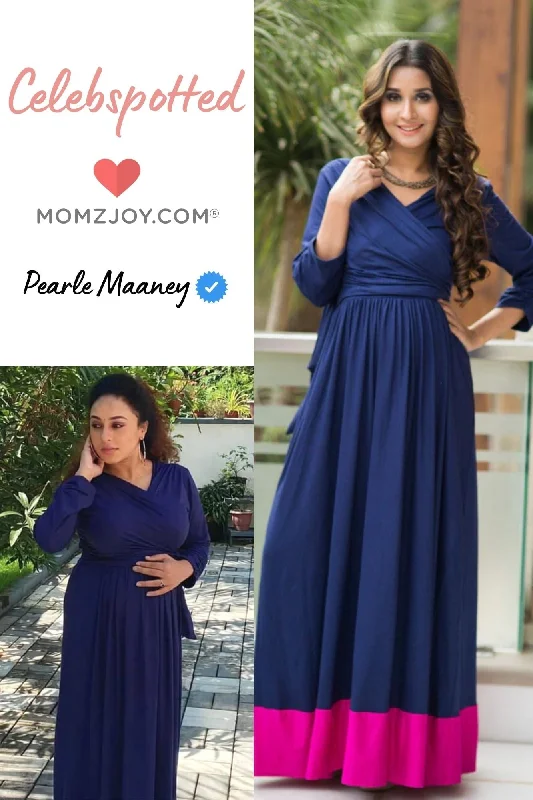 Maternity bras suitable for women with sensitive skin and allergies during postpartum recovery-Blue Contrast Front Wrap Maternity & Nursing Dress