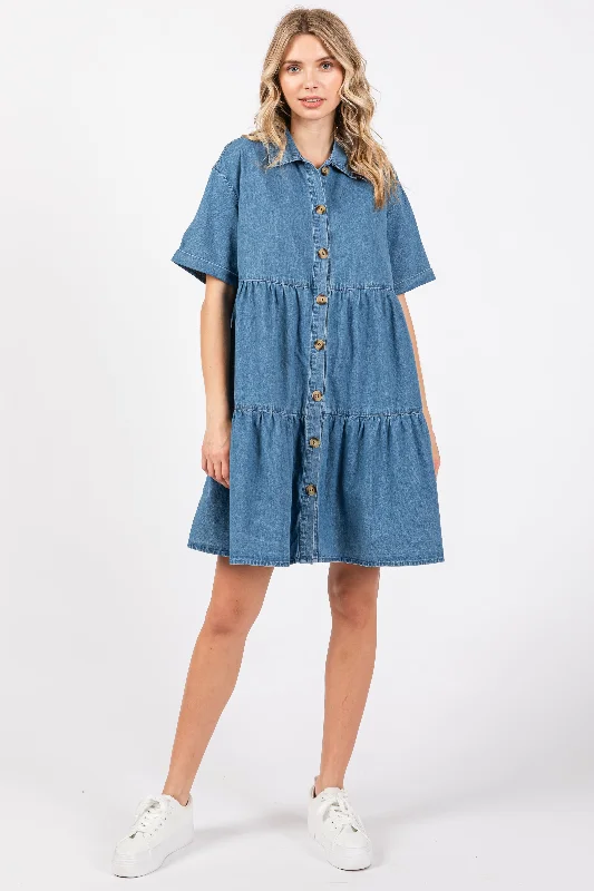 Maternity bras that are designed for women with smaller breasts and lift during postpartum recovery and breastfeeding-Blue Denim Button Down Tiered Dress Maternity bras that are designed for women with smaller breasts and lift during postpartum recovery and breastfeeding-Blue Denim Button Down Tiered Dress