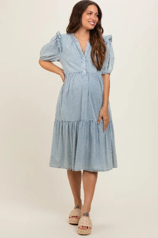 Maternity bras designed for women with smaller breasts and lift-Blue Denim Button Front Short Sleeve Tiered Maternity Midi Dress