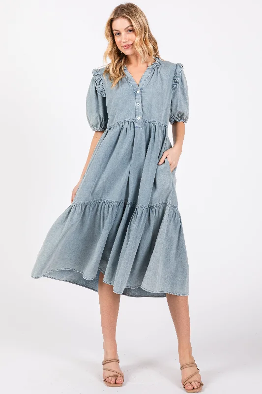 Maternity bras that are designed for extended breastfeeding periods and support during postpartum-Blue Denim Button Front Short Sleeve Tiered Midi Dress Maternity bras that are designed for extended breastfeeding periods and support during postpartum-Blue Denim Button Front Short Sleeve Tiered Midi Dress