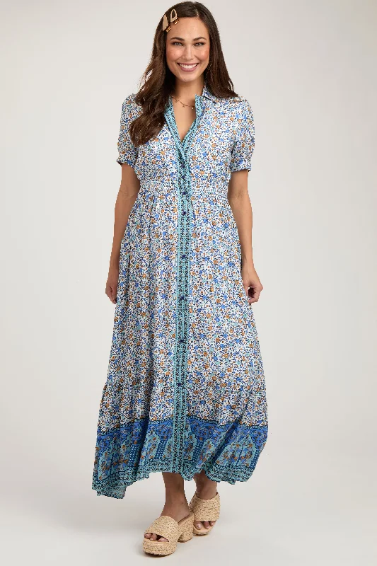 Maternity bras with adjustable straps for flexibility-Blue Floral Button Up Maternity Midi Dress