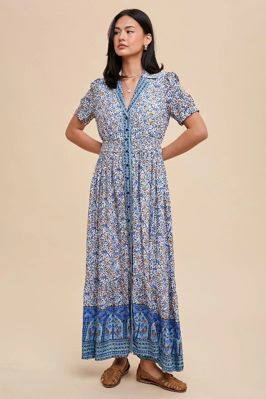 Maternity bras with a focus on adaptability during body changes-Blue Floral Button Up Midi Dress